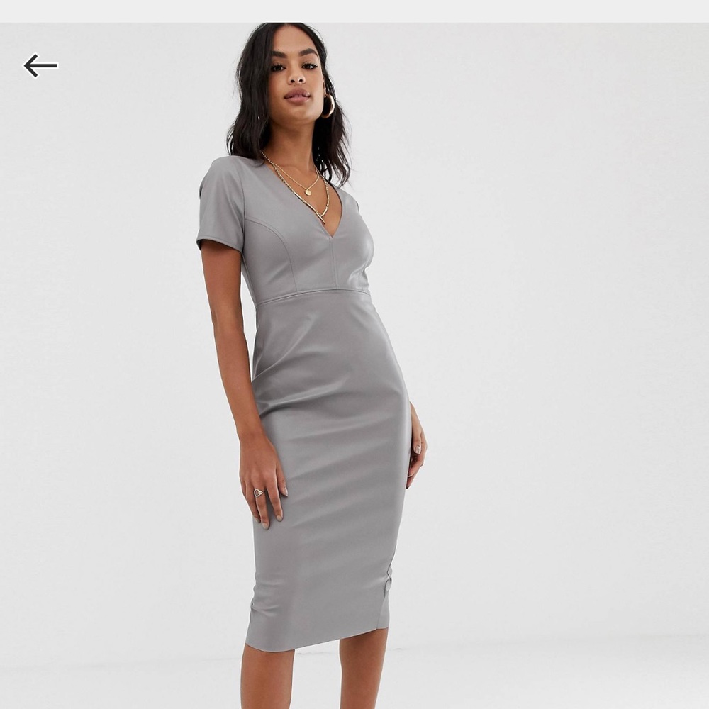 ASOS faux leather body con midi dress gray deep v